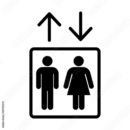 Elevator lift icon man and woman and arrows up down icons. Elevator, lift icons. Exit icon
