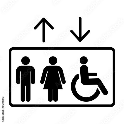 Elevator lift icon man, woman, invalid and arrows up down icons. Elevator, lift icons. Exit icon