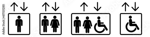 Elevator lift icon man, woman, invalid and arrows up down icons set. Elevator, lift icons. Exit icon