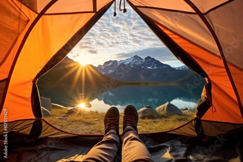 Feet in a tent by a mountain view blue lake and mountain sunrise,Generative AI