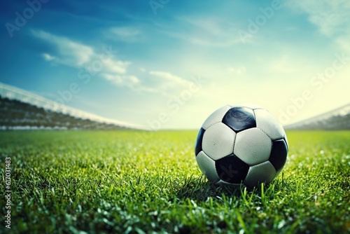  Super realistic photo of a new soccer ball on the grass of a soccer stadium at sunset,Generative AI