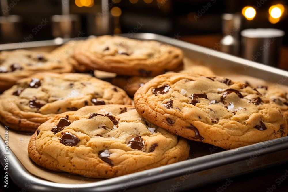 Chocolate cookies on wooden table closeup on dark background Generative AI