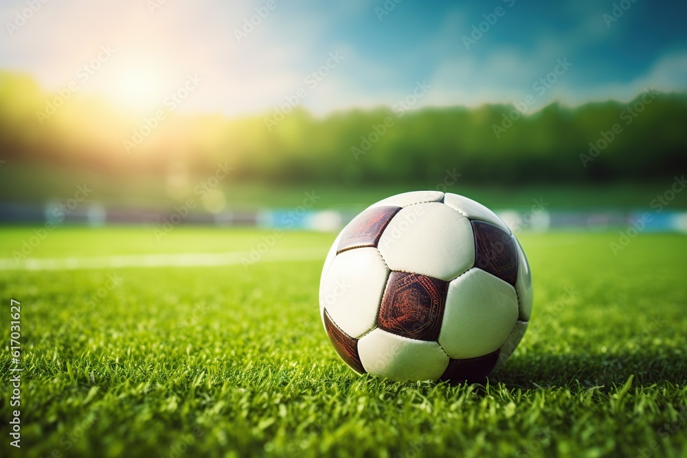 Fototapeta premium Super realistic photo of a new soccer ball on the grass of a soccer stadium at sunset,Generative AI