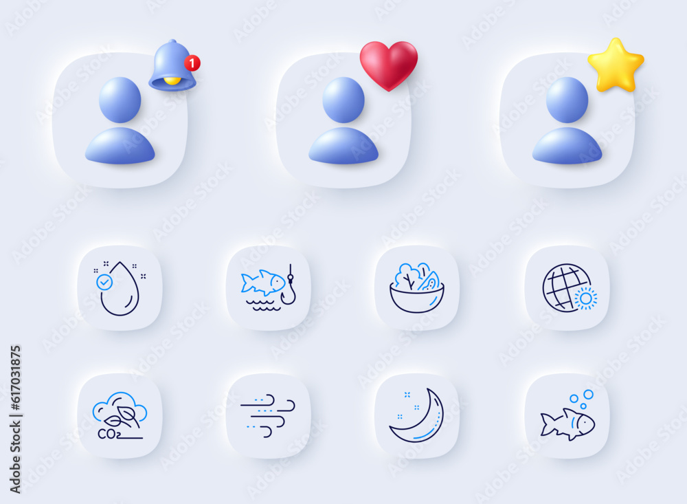 Fish, World weather and Co2 gas line icons. Placeholder with 3d bell, star, heart. Pack of Vitamin e, Fishing, Salad icon. Moon stars, Windy weather pictogram. For web app, printing. Vector Fish, World weather and Co2 gas line icons. Placeholder with 3d bell, star, heart. Pack of Vitamin e, Fishing, Salad icon. Moon stars, Windy weather pictogram. For web app, printing. Vector