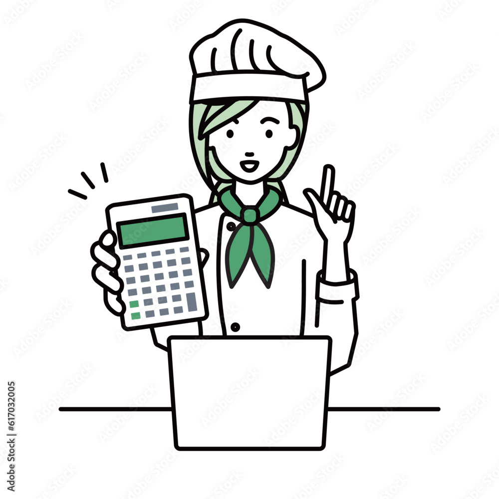 a woman cook recommending, proposing, showing estimates and pointing a calculator with a smile in front of laptop pc