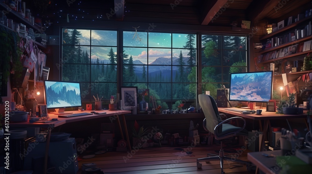 Colorful Lofi Empty Interior: Anime Manga Style with Jungle View, Cozy ...