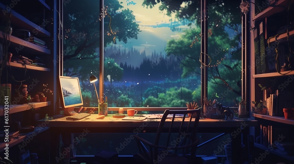 Colorful Lofi Empty Interior: Anime Manga Style with Jungle View, Cozy ...