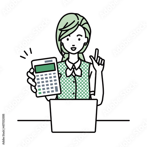 a woman in clerical uniform recommending, proposing, showing estimates and pointing a calculator with a smile in front of laptop pc