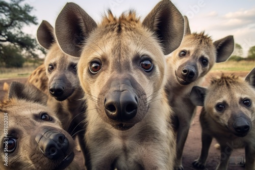 Group of funny Hyena making selfie standing upright and looking attentively at the camera,Generative AI