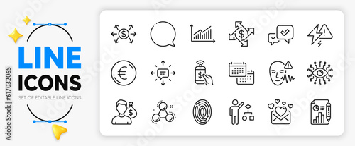 Fingerprint, Algorithm and Euro money line icons set for app include Artificial intelligence, Chemistry molecule, Love mail outline thin icon. Calendar, Salary, Lightning bolt pictogram icon. Vector