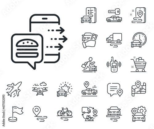 Meal delivery app sign. Plane, supply chain and place location outline icons. Food order line icon. Online catering service symbol. Food order line sign. Taxi transport, rent a bike icon. Vector