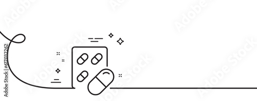 Capsule pill line icon. Continuous one line with curl. Medical drugs sign. Pharmacy medication symbol. Capsule pill single outline ribbon. Loop curve pattern. Vector