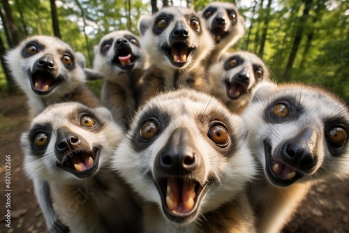 Group of funny Lemur making selfie standing upright and looking attentively at the camera,Generative AI © dhiyaeddine