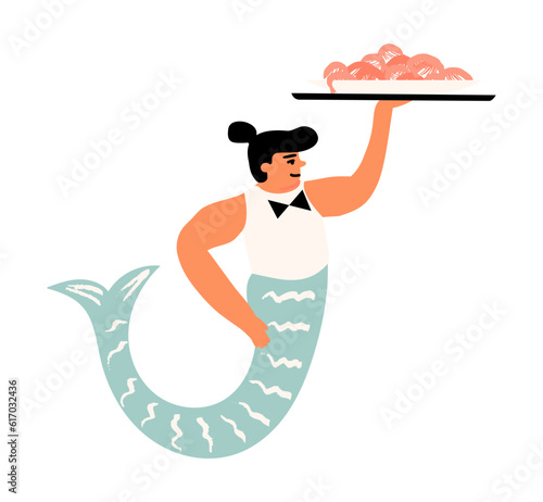 A chubby merman waiter in a bow tie holds a dish, underwater server with a plate in the hand, a steward, a garcon
