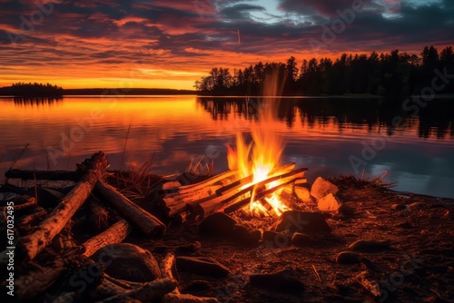  Summer wilderness exploration. A burning camp fire at sunset provides warmth and light to appreciate nature, pleasant times, and a starry night sky. 