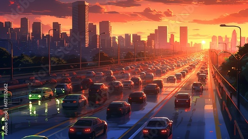 traffic in the city at sunset anime background wallpaper, Generative AI