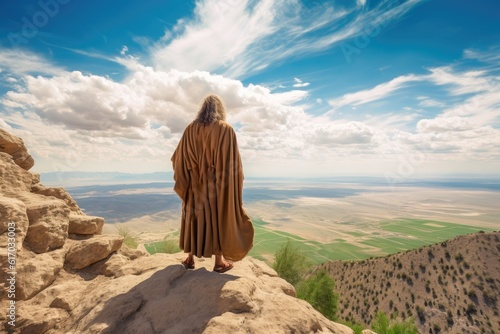 Moses sitting on the Nebo hill watching from afar the promised land Generative AI Illustration