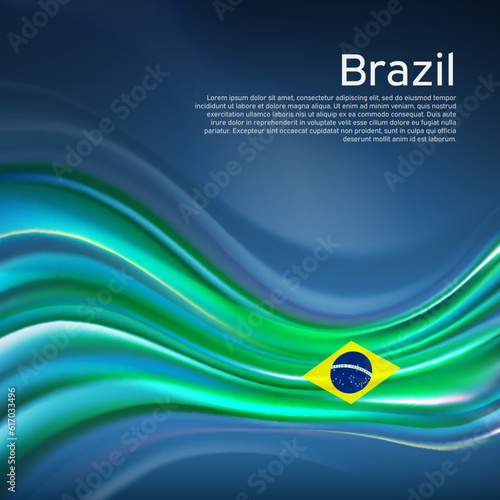 Brazil flag background. Abstract brazilian flag in the blue sky.  National holiday card design. State banner, brazil poster, patriotic cover, flyer. Business brochure. Vector design