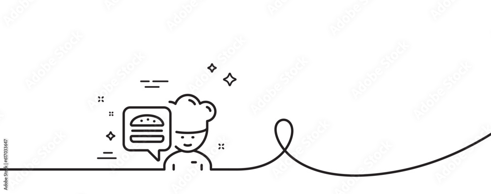 Chef line icon. Continuous one line with curl. Chief-cooker with burger sign. Fast food symbol. Chef single outline ribbon. Loop curve pattern. Vector Chef line icon. Continuous one line with curl. Chief-cooker with burger sign. Fast food symbol. Chef single outline ribbon. Loop curve pattern. Vector