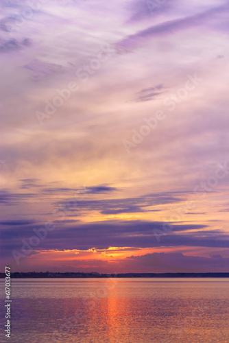 Colorful sky background on sunset, orange blue vivid color clouds and surface water. Nature abstract fon with reflections on water, natural shades cloudscape, nature environment screensaver