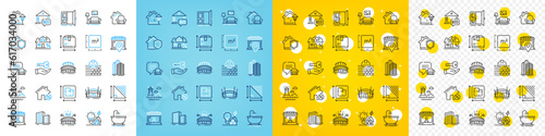 Vector icons set of Lounge place, Mortgage and Market seller line icons pack for web with Open door, Building energy, Triangle area outline icon. Furniture, Arena stadium, Lighthouse pictogram. Vector