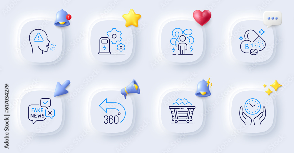 Coal trolley, Thiamine vitamin and Charging station line icons. Buttons with 3d bell, chat speech, cursor. Pack of Safe time, 360 degrees, Fake news icon. Cough, Difficult stress pictogram. Vector Coal trolley, Thiamine vitamin and Charging station line icons. Buttons with 3d bell, chat speech, cursor. Pack of Safe time, 360 degrees, Fake news icon. Cough, Difficult stress pictogram. Vector
