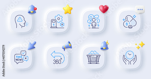 Coal trolley, Thiamine vitamin and Charging station line icons. Buttons with 3d bell, chat speech, cursor. Pack of Safe time, 360 degrees, Fake news icon. Cough, Difficult stress pictogram. Vector