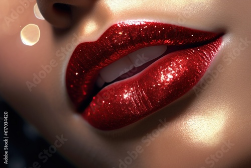 Perfect Lips, Sensuality, glitter, Lipstick, Women, Sexy girl mouth close up Beauty young woman,Generative AI photo