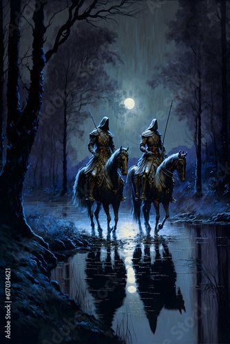 horsemen knights on horses in a forest with a glade and a lake at night oil painting 