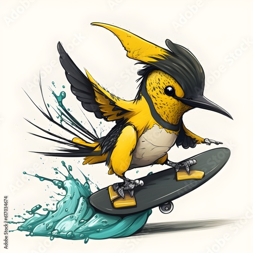 a humingbird mascot character that does real estate and surfs for a group called legends yellow black in motion  photo