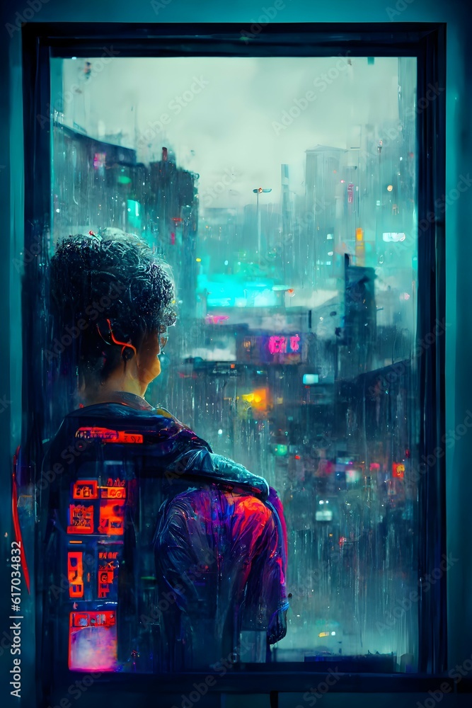 young guy watching outside of the window raining urban street cyberpunk futuristic colorful cinematic neon lights super detailed 8k wallpaper 