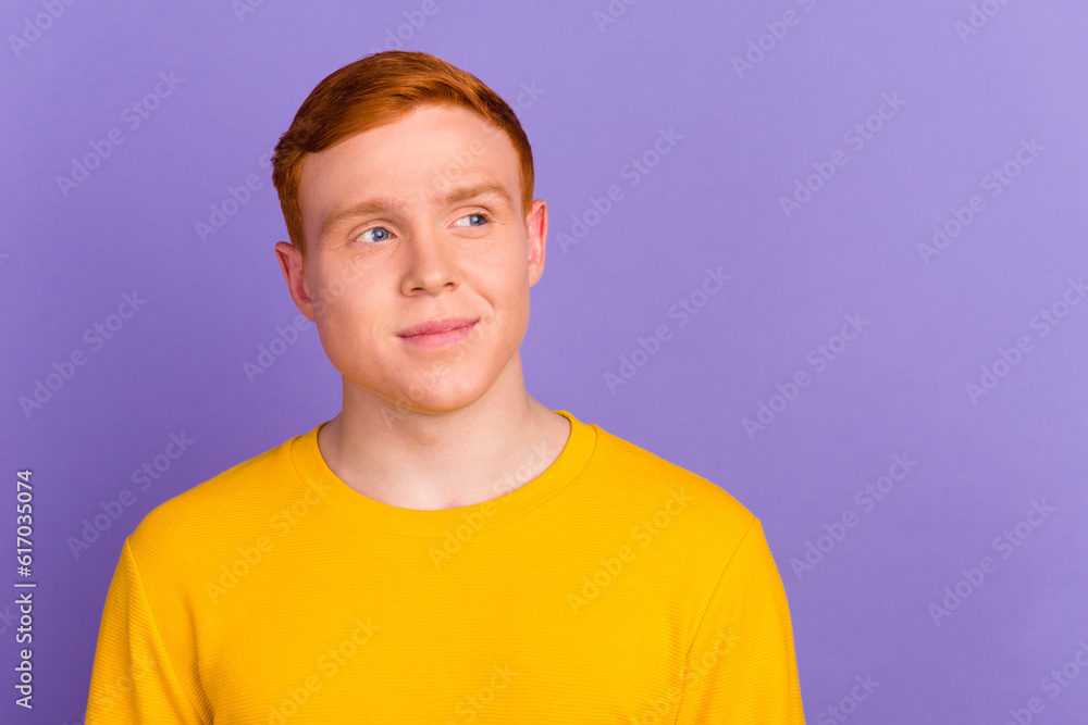 Photo of young man wondered look empty space thoughtful dreamy isolated over purple color background Photo of young man wondered look empty space thoughtful dreamy isolated over purple color background