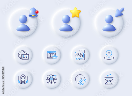 Web photo, Boat and Pin line icons. Placeholder with 3d cursor, bell, star. Pack of Marketplace, Bike app, Ship travel icon. Grill, Puzzle time pictogram. For web app, printing. Vector