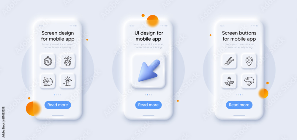 Lighthouse, Escalator and Travel compass line icons pack. 3d phone mockups with cursor. Glass smartphone screen. Bicycle helmet, Destination flag, Delivery man web icon. Vector Lighthouse, Escalator and Travel compass line icons pack. 3d phone mockups with cursor. Glass smartphone screen. Bicycle helmet, Destination flag, Delivery man web icon. Vector