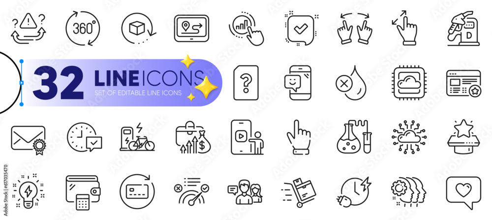 Outline set of Winner podium, Move gesture and No waterproof line icons for web with Correct answer, Wallet, Graph chart thin icon. Inspiration, People talking, 360 degrees pictogram icon. Vector