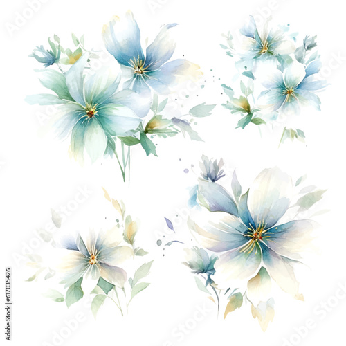 Fototapeta Naklejka Na Ścianę i Meble -  set of white floral watercolor, flower watercolor, leaves watercolor	
