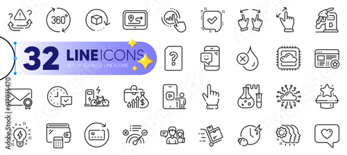 Outline set of Winner podium, Move gesture and No waterproof line icons for web with Correct answer, Wallet, Graph chart thin icon. Inspiration, People talking, 360 degrees pictogram icon. Vector