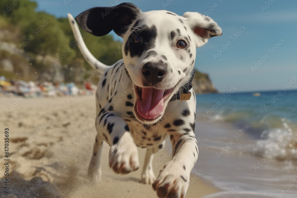 Active healthy Dalmatian dog running with open mouth sticking out tongue on the sand on the background of beach in bright day