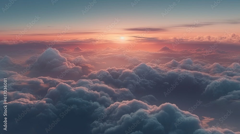 Layer of mountains and mist at sunset time, A view from above the clouds