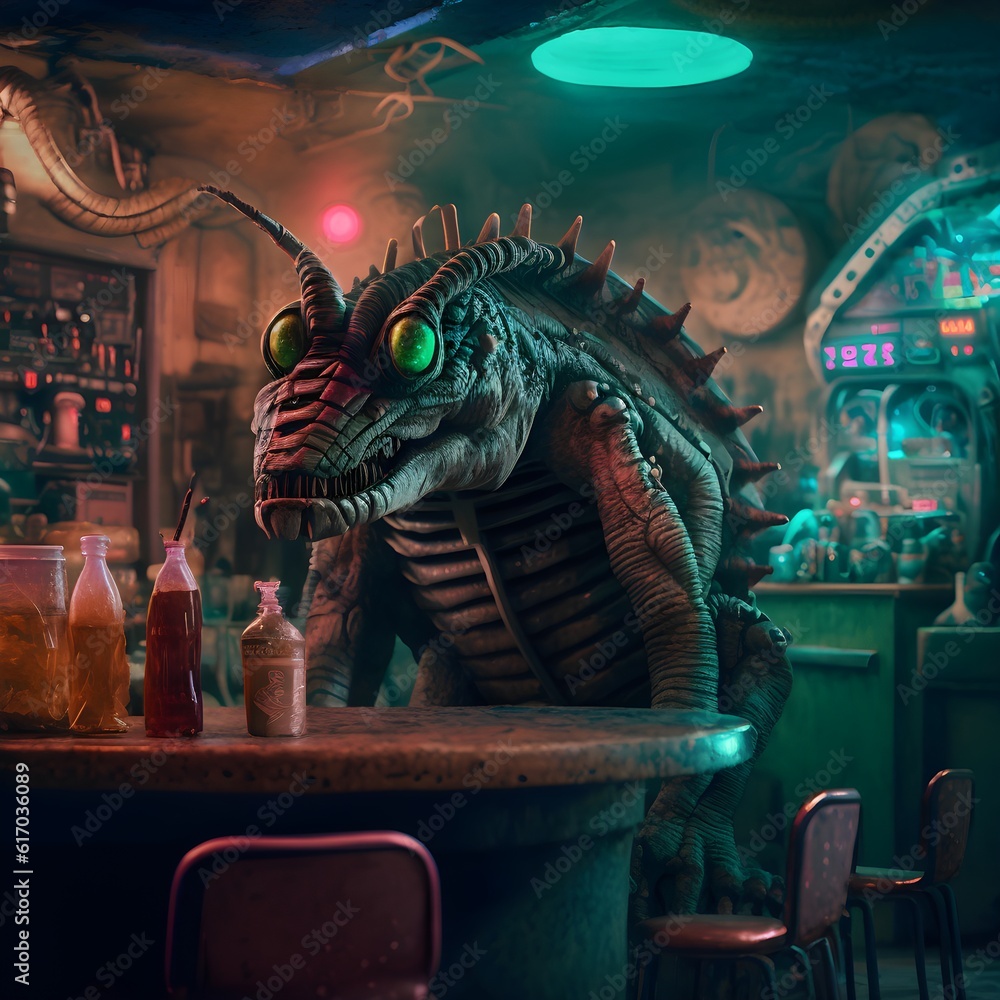 A alien bar with different aliens monsters a movie photography of 1980s