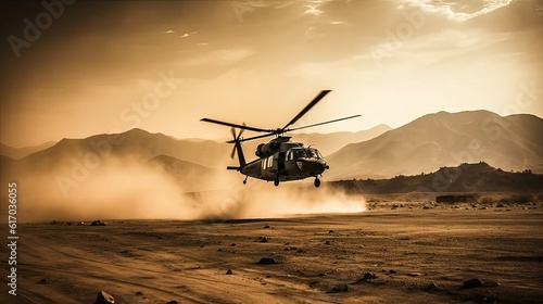Helicopter flying and landing in the desert