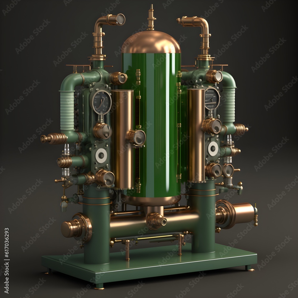 bottle filling machine frontal view ui bronze pipes green plastic steel reflective polished pipes 