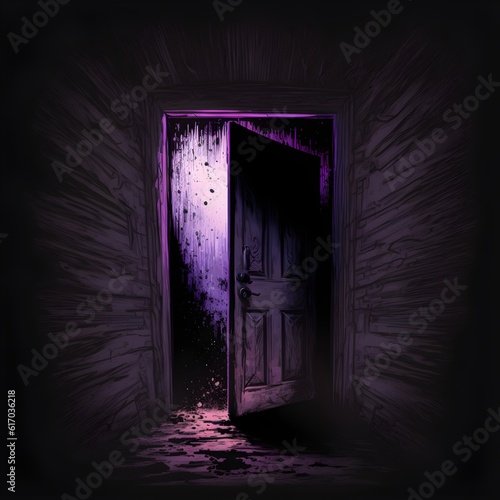 large massive old wooden open door blackgrey hues bottomup view purple light from the door black background comic style  photo