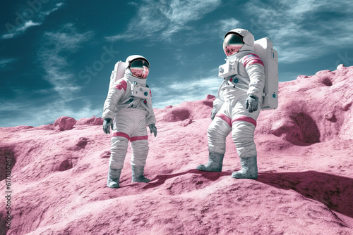 Cosmic Encounter: Two Astronauts Standing on a Pink Planet. AI generated.