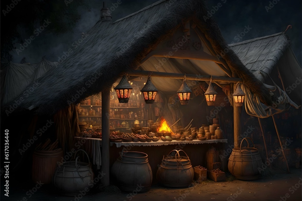 photo of a medieval fantasy market booth strange objects lanterns weapons jewelry the cloth covered vegetable stables fire pits smoke cinematic photo realistic extremely detailed  - obrazy, fototapety, plakaty 