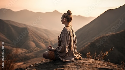 Woman meditating on top of a mountain