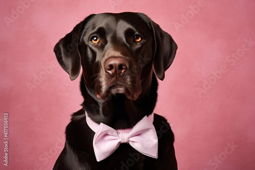 Regal Beauty: Portrait of a Black Labrador with a Pink Bow Tie, Pink Background. AI generated. © ivanavanja