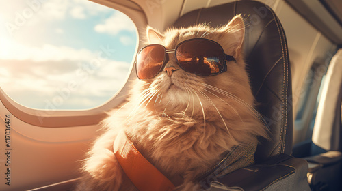 Cat in sunglasses sitting in airplane, traveling on vacation, generative ai