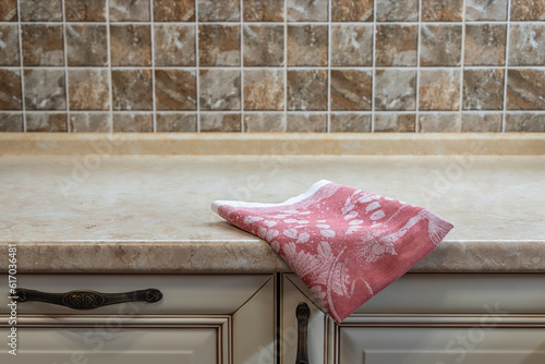 Background with napkin or towel on the kitchen countertop.