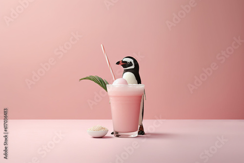 Chill Vibes: Cold Beverage Captured on a Pink Background, Penguin Behind the Glass